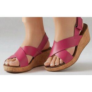 CLARKS Stasha Hale4 Criss Cross Slingback Wedge Shoes in Fuscia Hot Pink Sz 9M